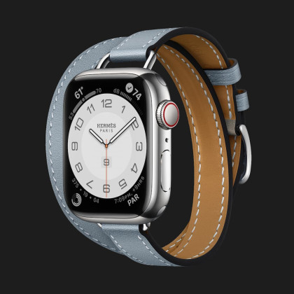 Apple Watch Series 7 41mm Hermès Silver Stainless Steel Case with Attelage Double Tour (Bleu Lin)